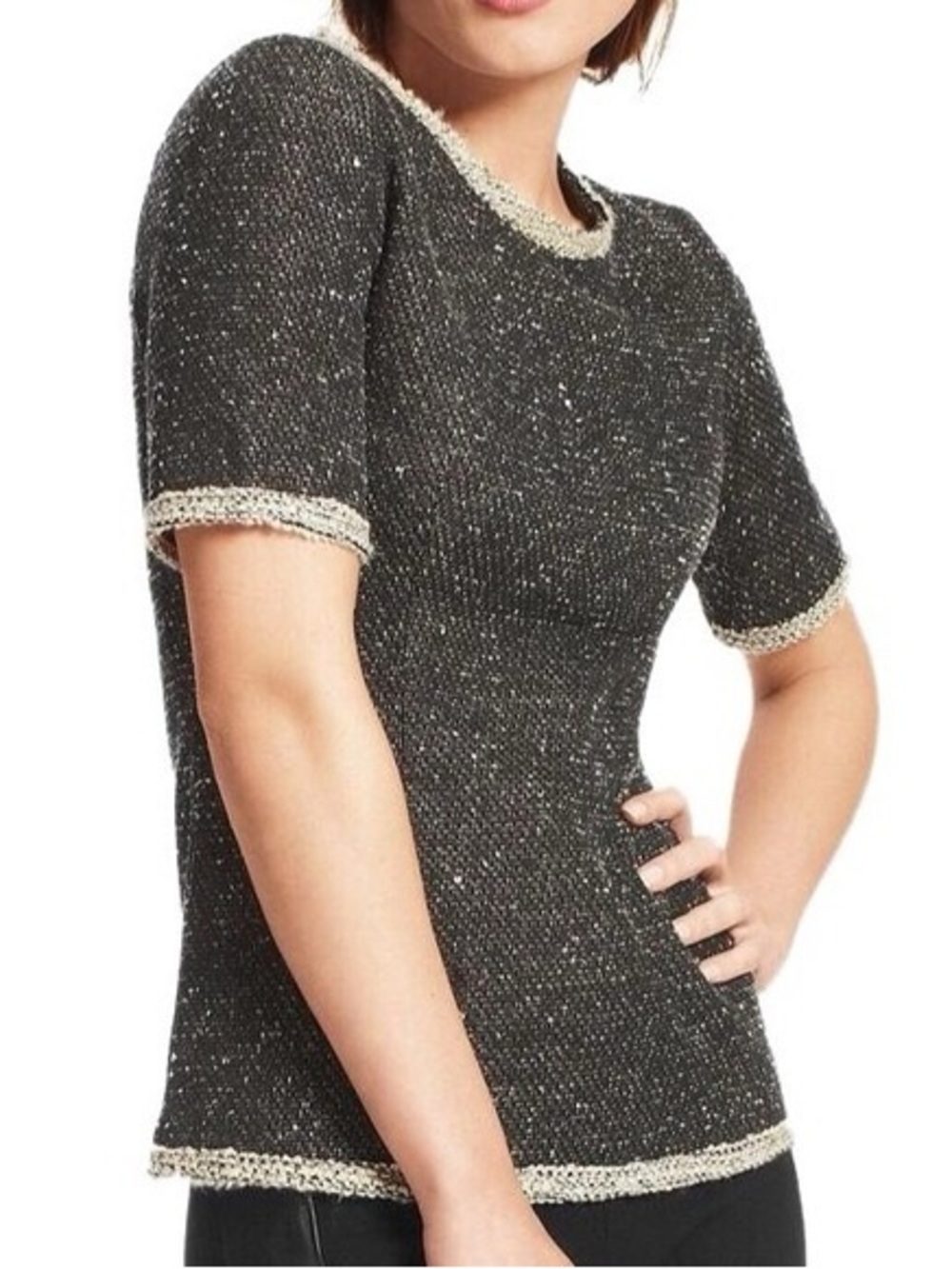CAbi Charcoal Knit‎ Short Sleeve Top with Contrast Trim
